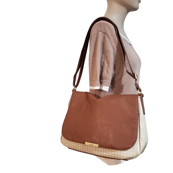 Relic Polka Dot Beige Brown Flap Front Shoulder Bag Vegan  Medium Adjustable - Picture 11 of 16